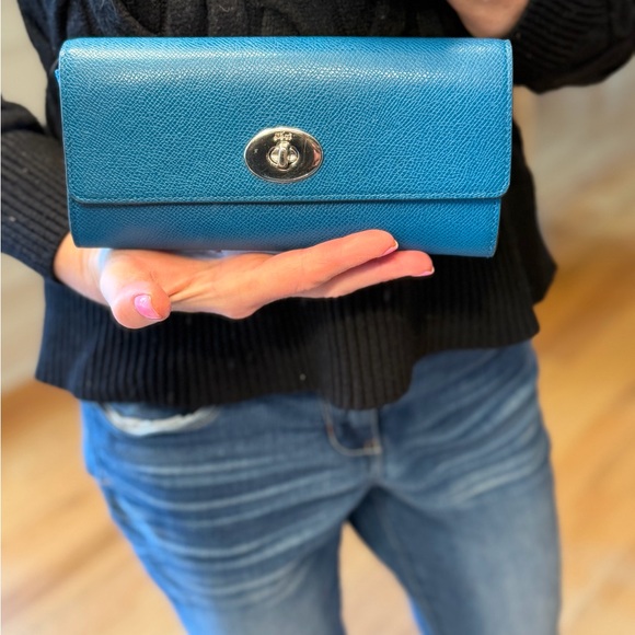 COACH Textured Leather Slim Envelope Wallet w/Pop-Up Pouch: Teal & Purple - Picture 2 of 16